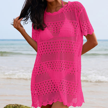 Sexy Hollow Out Cutout Texture Lace Collar Loose Pullover Mid Length Vacation Sun Protection Beach Blouse Crochet hook