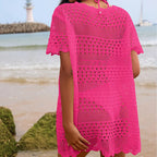 Sexy Hollow Out Cutout Texture Lace Collar Loose Pullover Mid Length Vacation Sun Protection Beach Blouse Crochet hook Tidee