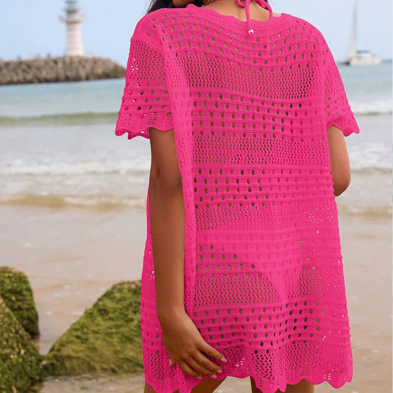 Sexy Hollow Out Cutout Texture Lace Collar Loose Pullover Mid Length Vacation Sun Protection Beach Blouse Crochet hook Tidee