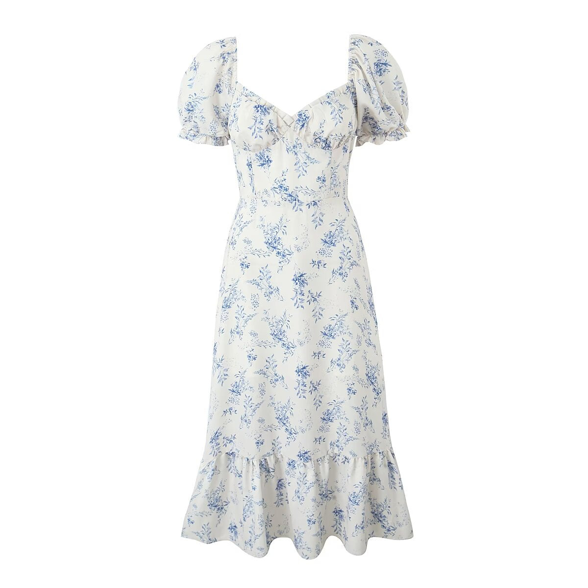 Summer Women Clothing Square Collar Puff Sleeve French Floral Dress Boning Corset Large Holiday Dress Camille