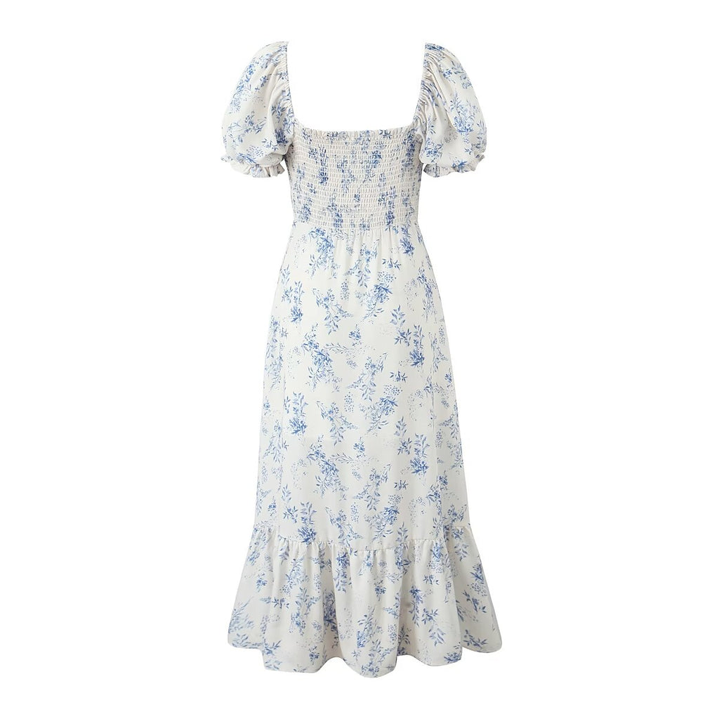 Summer Women Clothing Square Collar Puff Sleeve French Floral Dress Boning Corset Large Holiday Dress Camille
