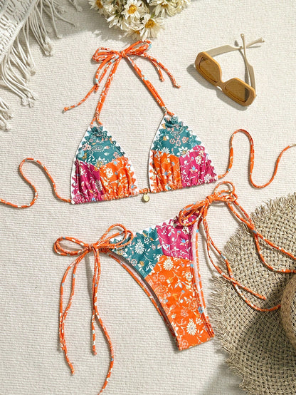 Conjunto de traje de baño de copa triangular con bloques de color estampados para mujer de Bikinx