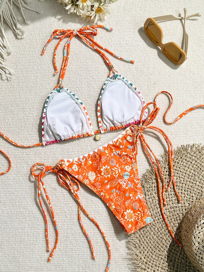 Conjunto de traje de baño de copa triangular con bloques de color estampados para mujer de Bikinx