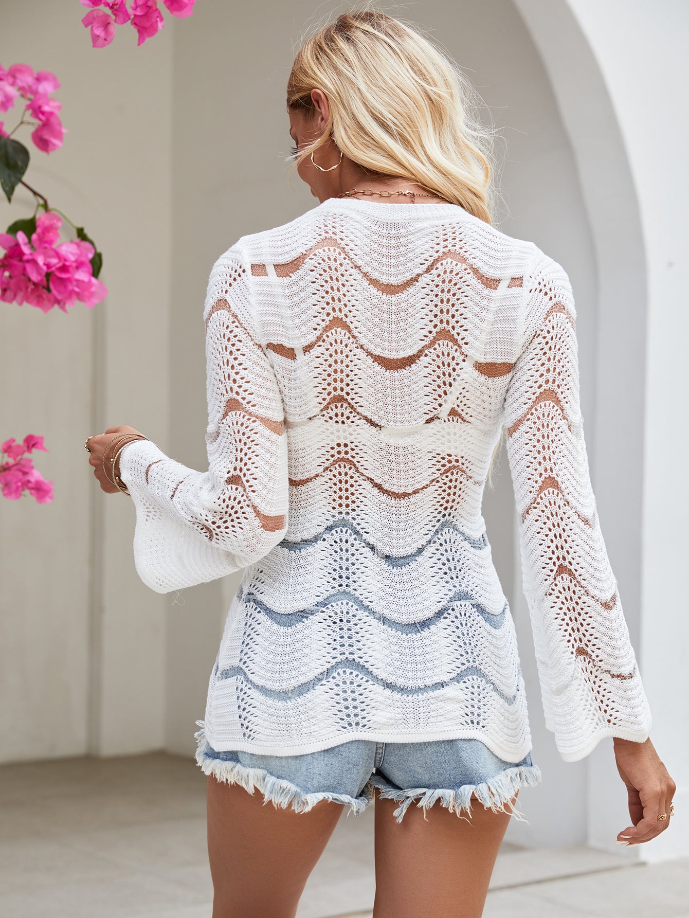 Blusa de playa de verano con cuello redondo y manga larga, tejida a rayas finas, con protección solar