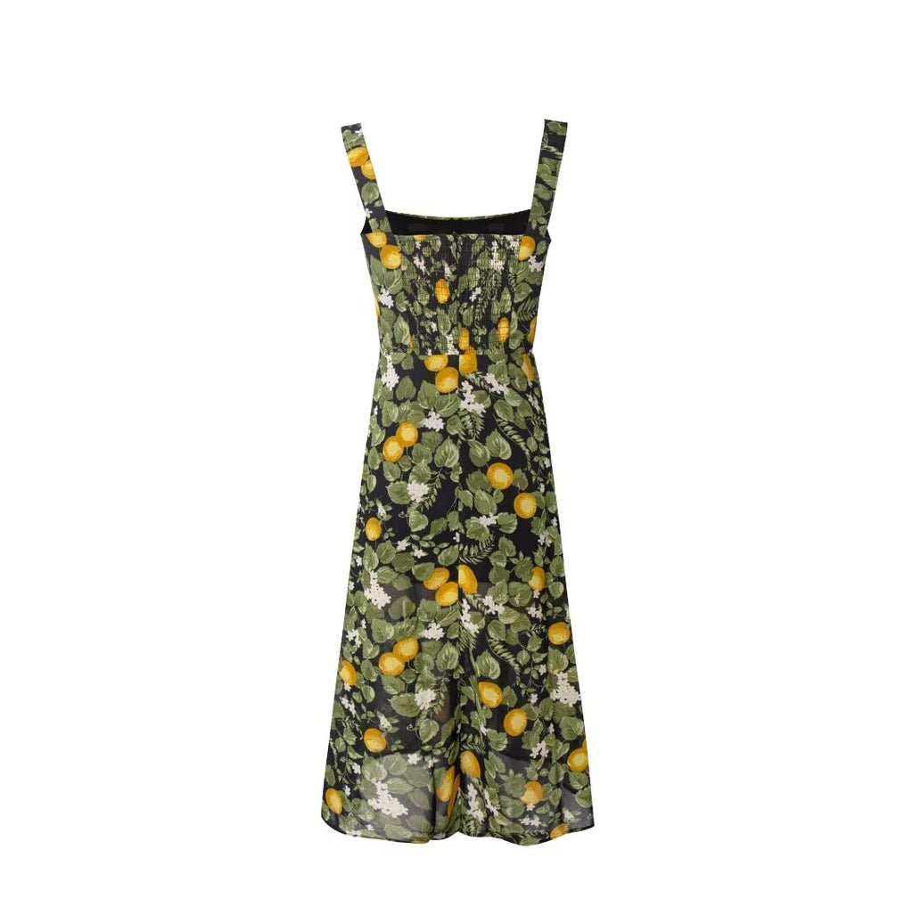 Summer Legal Women Clothing Sling Square Collar Fruit Printed Split Holiday Dress PullWind