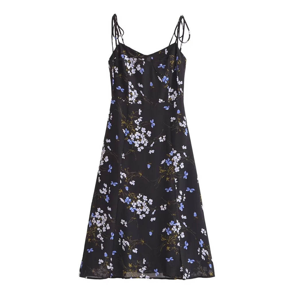 Spring Women Floral Print Vacation Sexy Slit Tied Spaghetti Strap Dress OMI