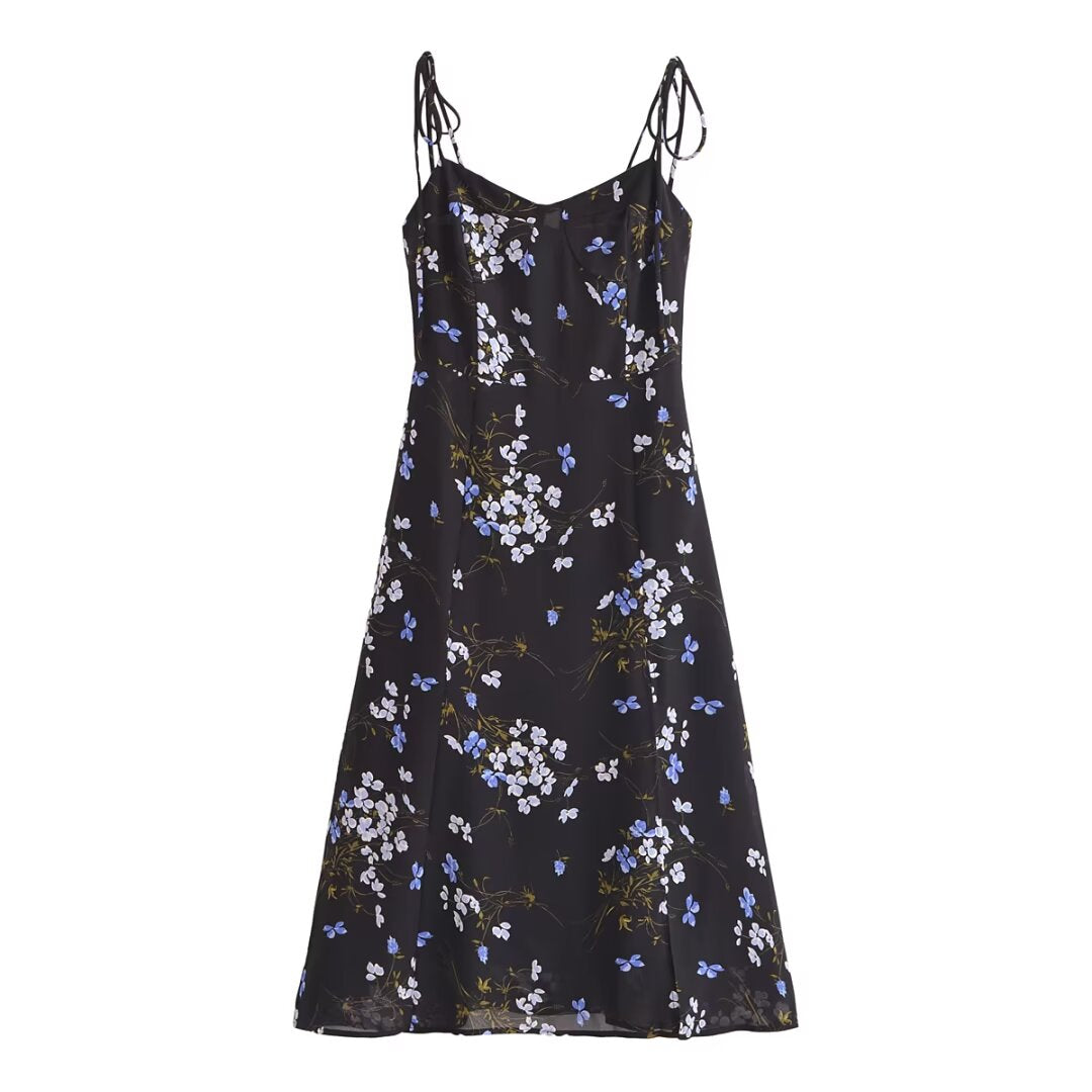 Spring Women Floral Print Vacation Sexy Slit Tied Spaghetti Strap Dress OMI