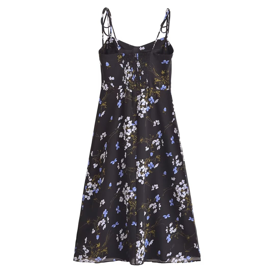 Spring Women Floral Print Vacation Sexy Slit Tied Spaghetti Strap Dress OMI