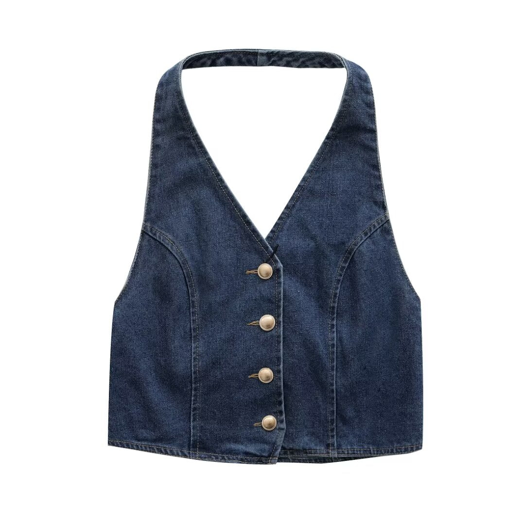 Women Clothing French All Match Halter Sleeveless Slim Short Denim Vest Buyei