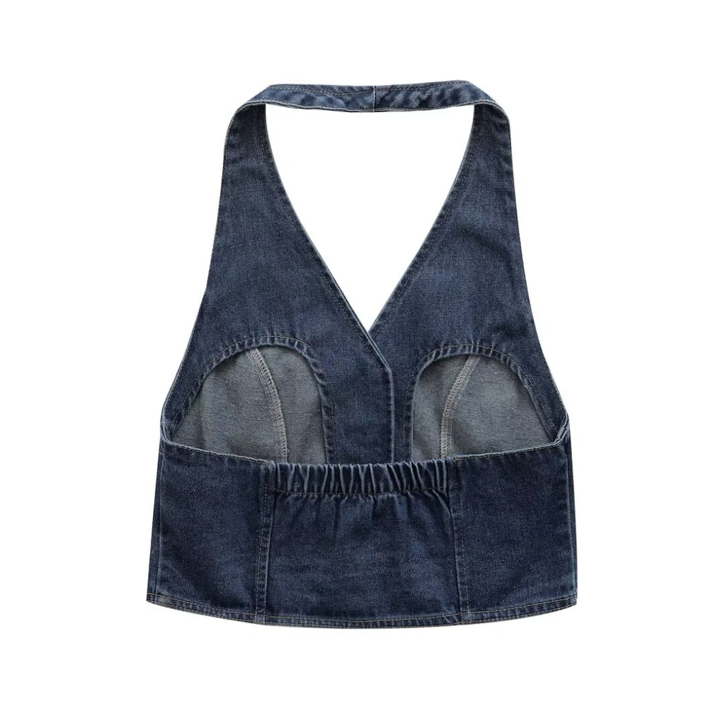 Women Clothing French All Match Halter Sleeveless Slim Short Denim Vest Buyei