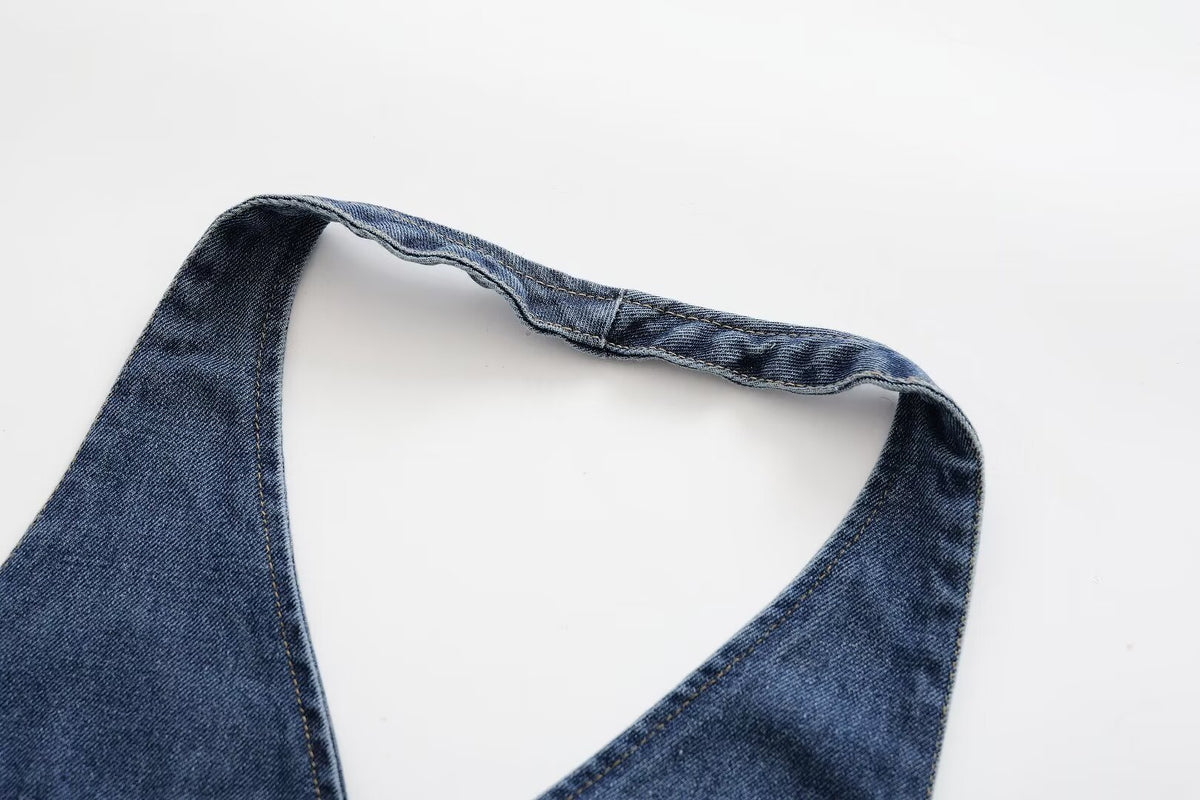 Women Clothing French All Match Halter Sleeveless Slim Short Denim Vest Buyei