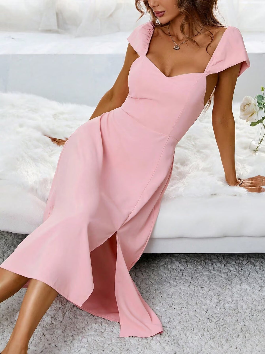 Spring Women Clothing Simple Square Collar Back Elastic Pink Dress Wennie