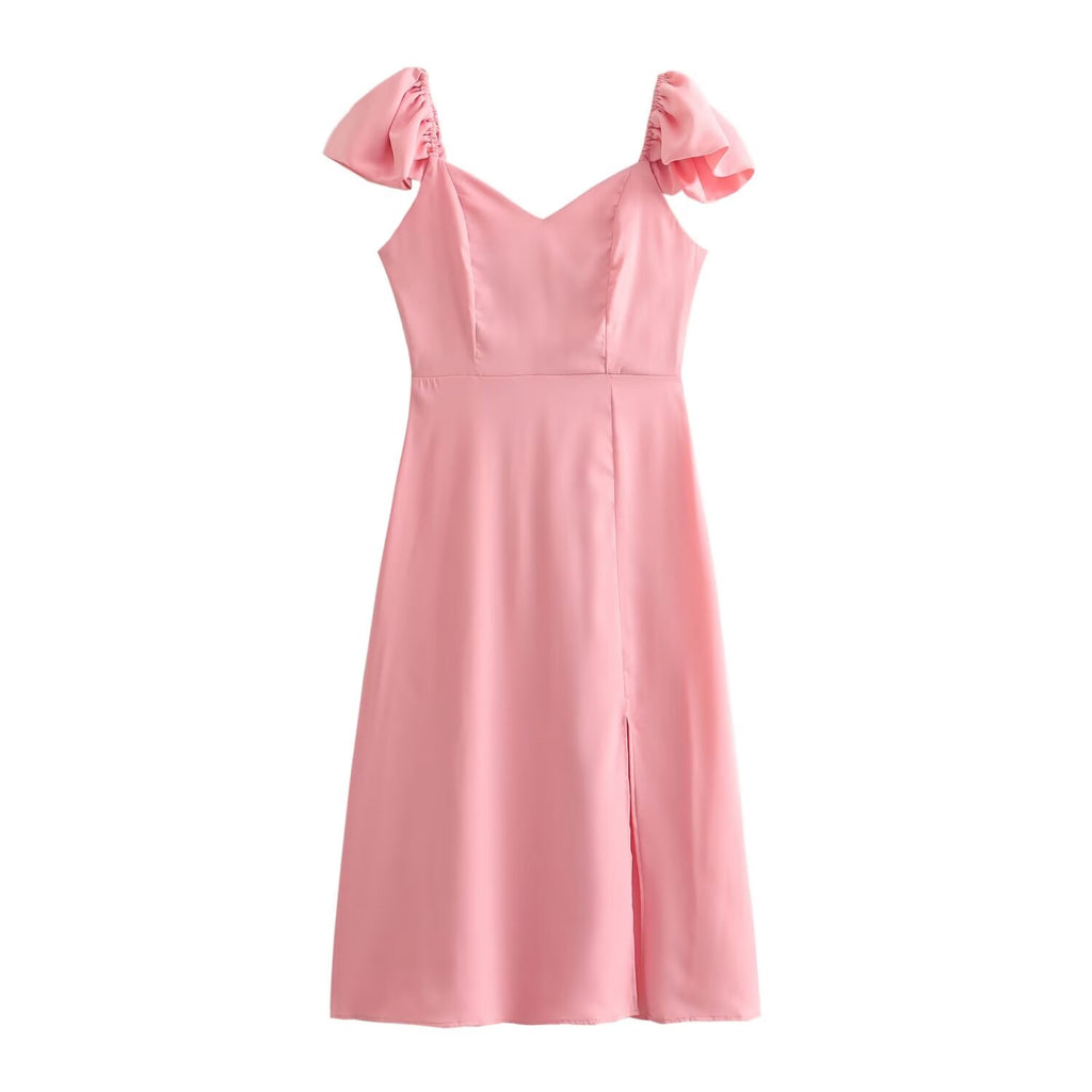 Spring Women Clothing Simple Square Collar Back Elastic Pink Dress Wennie