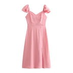 Spring Women Clothing Simple Square Collar Back Elastic Pink Dress Wennie
