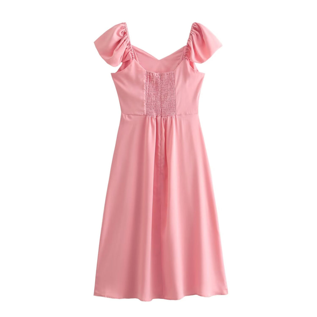Spring Women Clothing Simple Square Collar Back Elastic Pink Dress Wennie