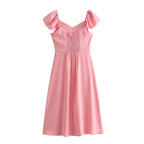 Spring Women Clothing Simple Square Collar Back Elastic Pink Dress Wennie