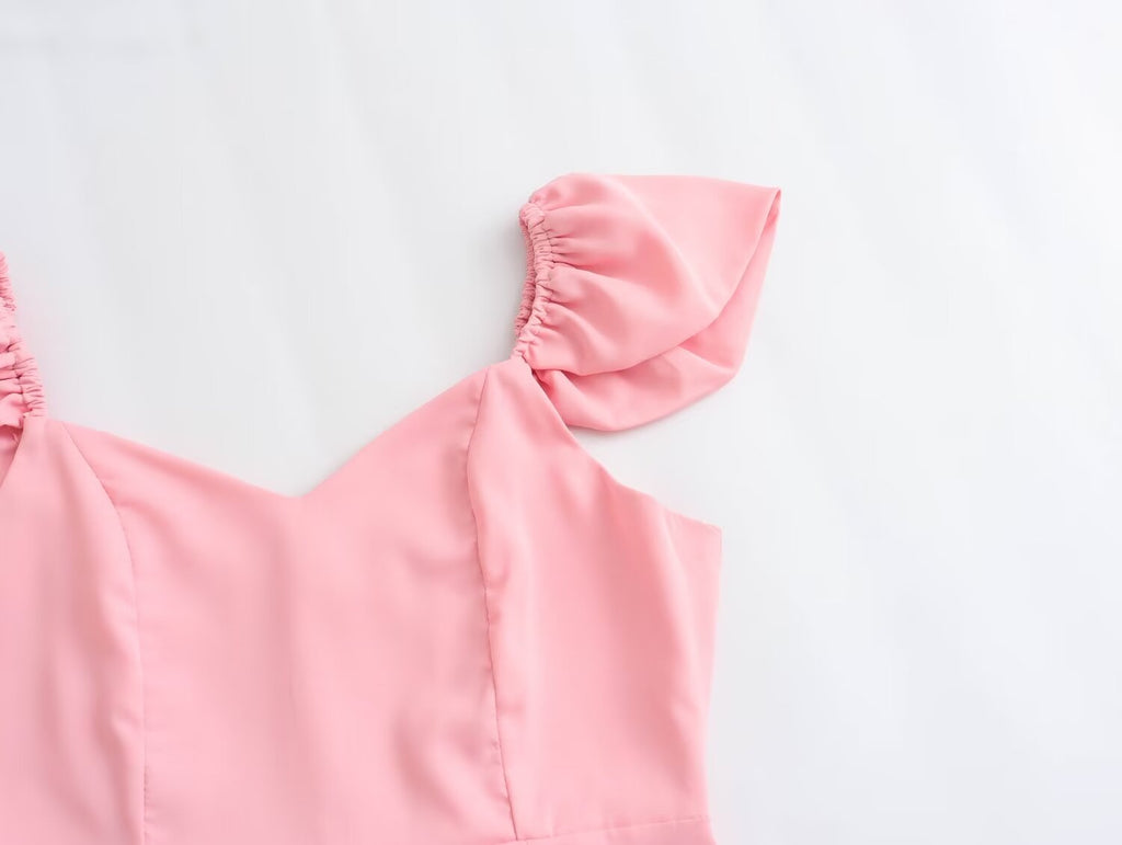 Spring Women Clothing Simple Square Collar Back Elastic Pink Dress Wennie