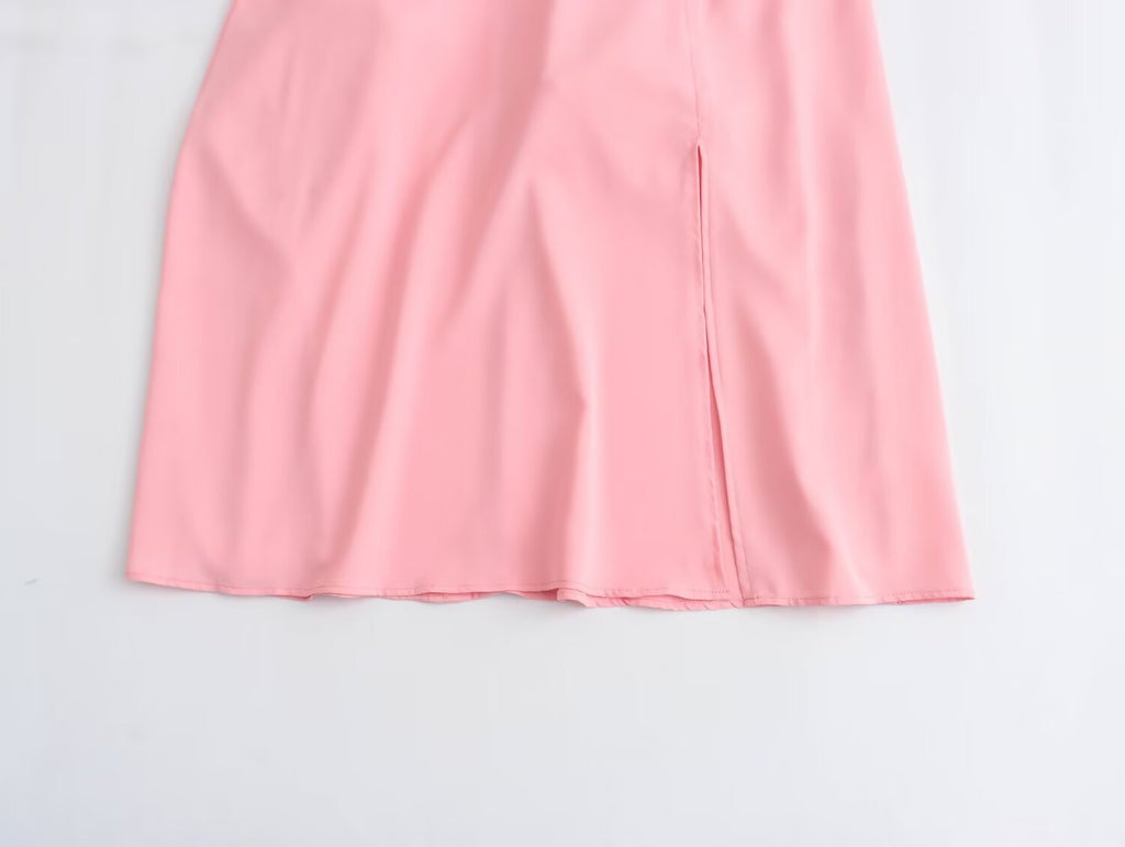 Spring Women Clothing Simple Square Collar Back Elastic Pink Dress Wennie