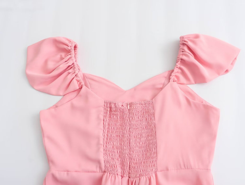 Spring Women Clothing Simple Square Collar Back Elastic Pink Dress Wennie