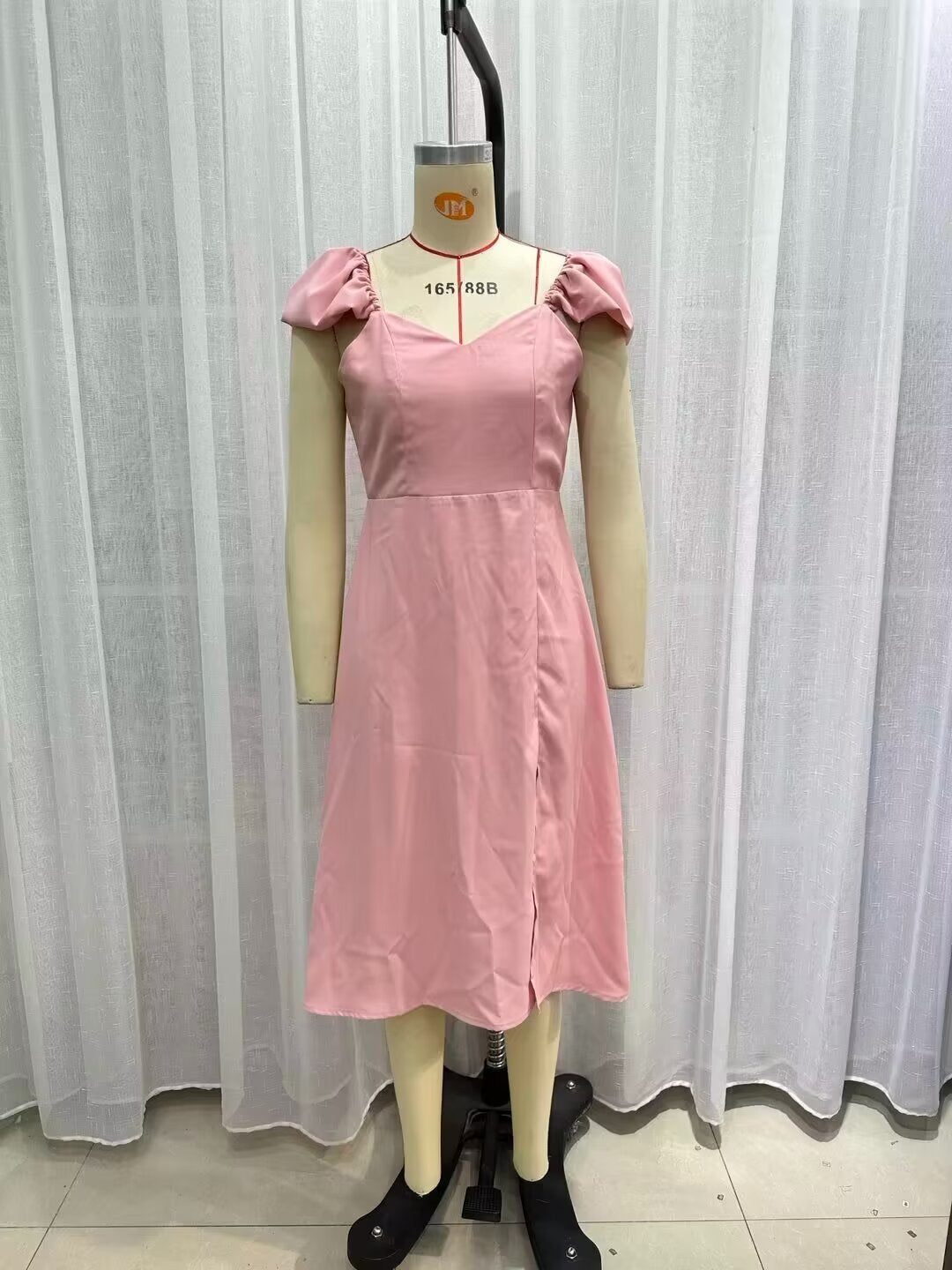 Spring Women Clothing Simple Square Collar Back Elastic Pink Dress Wennie