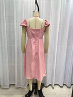 Spring Women Clothing Simple Square Collar Back Elastic Pink Dress Wennie