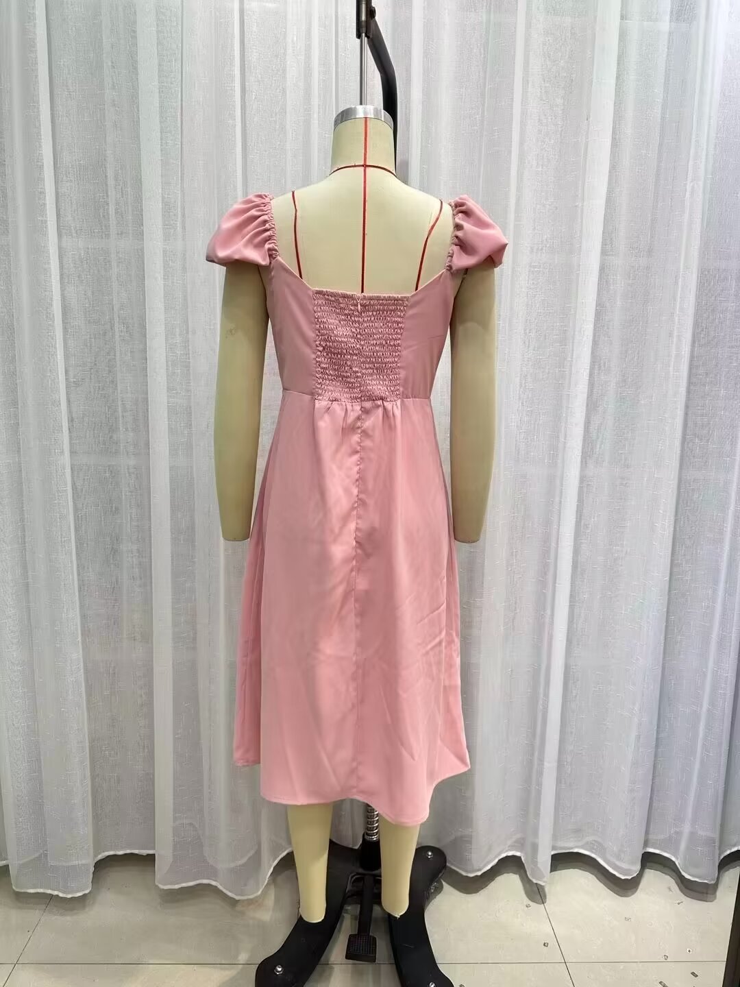 Spring Women Clothing Simple Square Collar Back Elastic Pink Dress Wennie