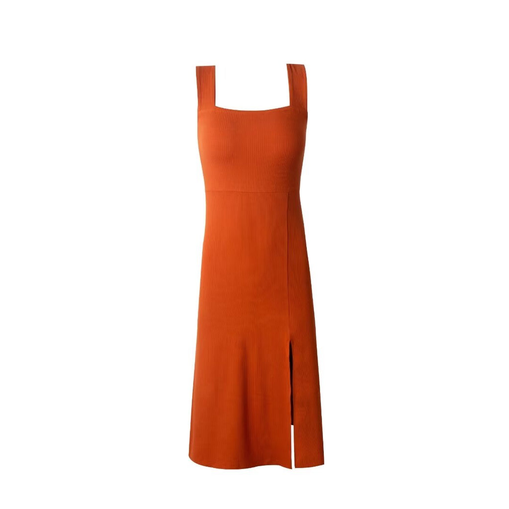 Spring Summer Square Collar Suspender Dress Women Side Slit Sexy Stretch Slim Fit Underwear Mid Length Dress PullWind