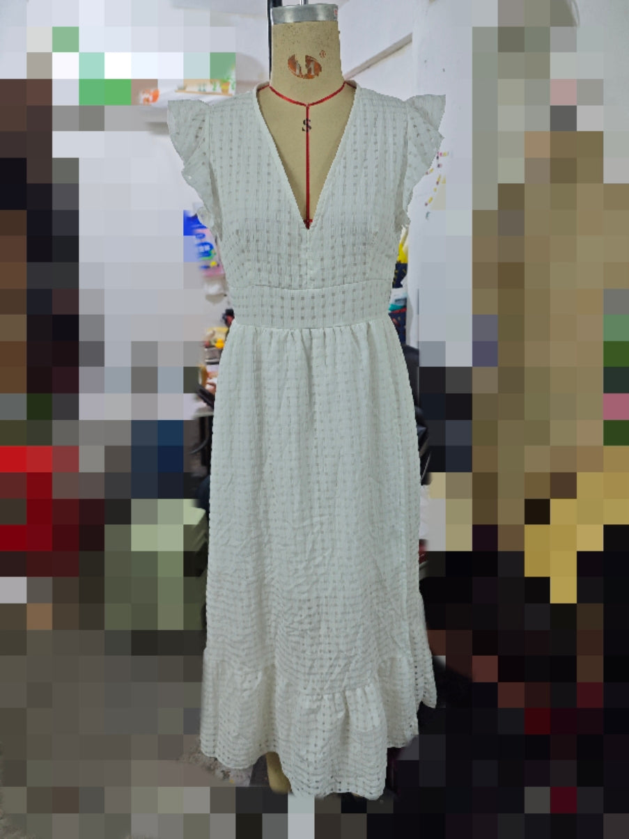 Women Summer Jacquard Hollow Out Cutout V Neck Long Split Dress DIAMOND