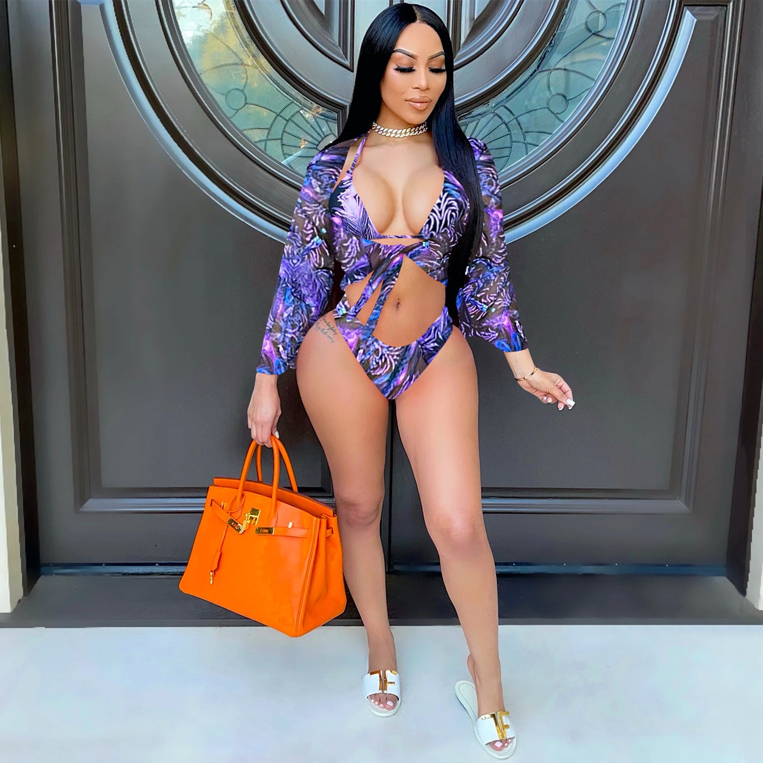 Ensemble bikini sexy en maille imprimé léopard à trois points