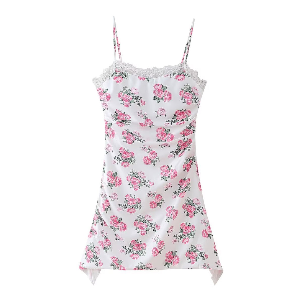 Spring Women Clothing Casual Lace Decorative Floral Suspender Dress CHEN