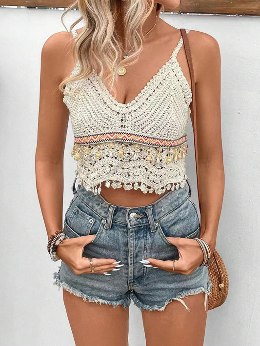 Women Hand Crocheted Halter Top With Fringe Hanging Beads Crochet hook