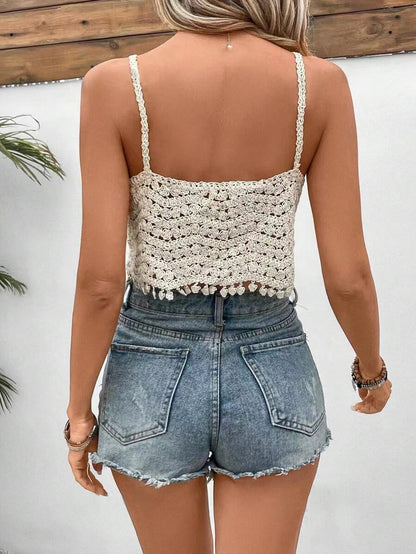 Top halter tejido a mano para mujer con flecos y cuentas colgantes. Aguja de crochet.