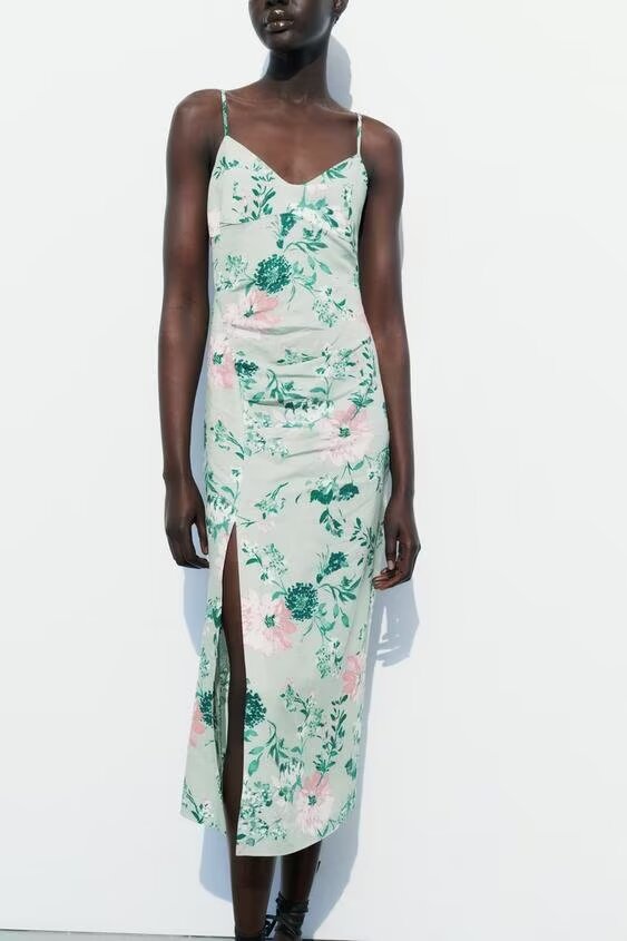 Women Linen Blended Floral Print Midi Sling Dress Howe