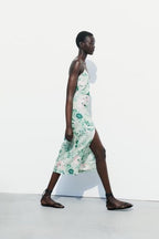Women Linen Blended Floral Print Midi Sling Dress Howe