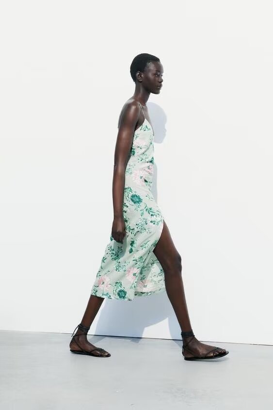 Women Linen Blended Floral Print Midi Sling Dress Howe