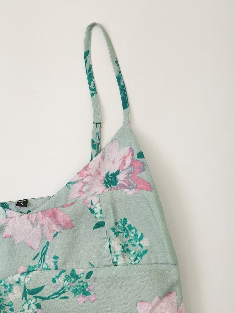 Women Linen Blended Floral Print Midi Sling Dress Howe