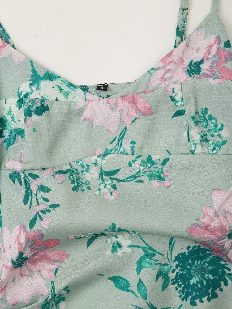 Women Linen Blended Floral Print Midi Sling Dress Howe