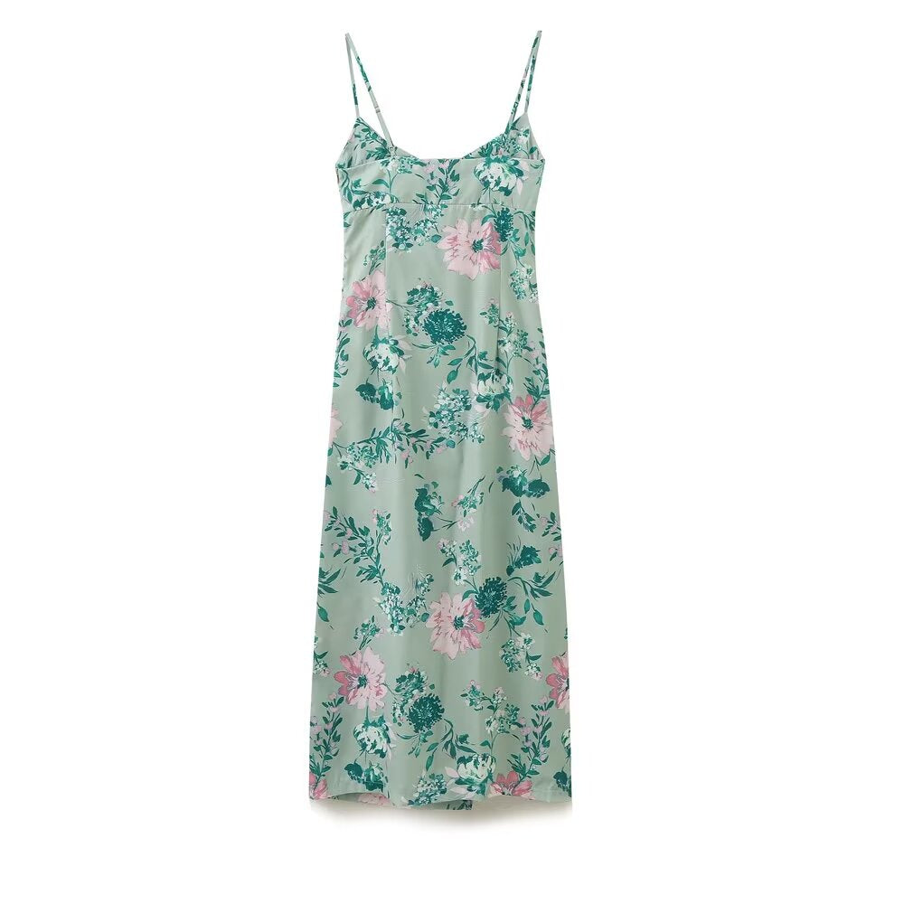 Women Linen Blended Floral Print Midi Sling Dress Howe
