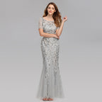 Summer Autumn Banquet Host Slim Mesh Sequ Evening Dress Fishtail Dress for Women HENGACHI