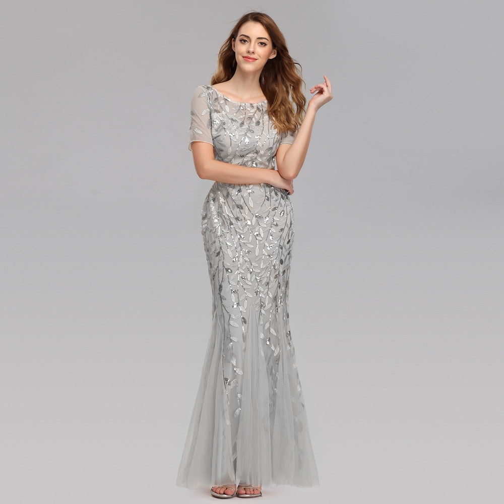 Summer Autumn Banquet Host Slim Mesh Sequ Evening Dress Fishtail Dress for Women HENGACHI
