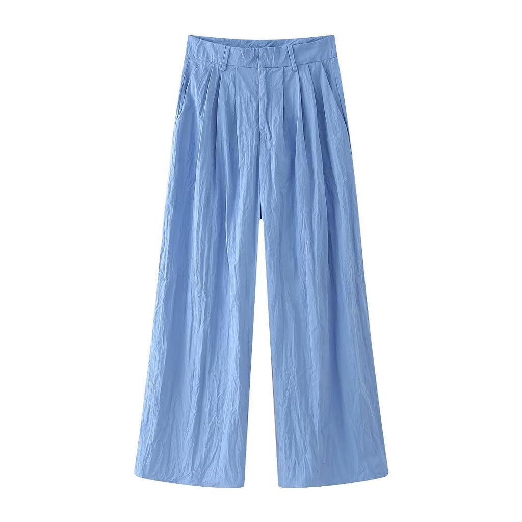 Summer Women Slim Fit Pleated Oblique Shoulder Tops Casual Trousers Suit Shell
