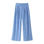 Summer Women Slim Fit Pleated Oblique Shoulder Tops Casual Trousers Suit Shell