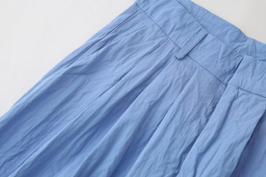 Summer Women Slim Fit Pleated Oblique Shoulder Tops Casual Trousers Suit Shell