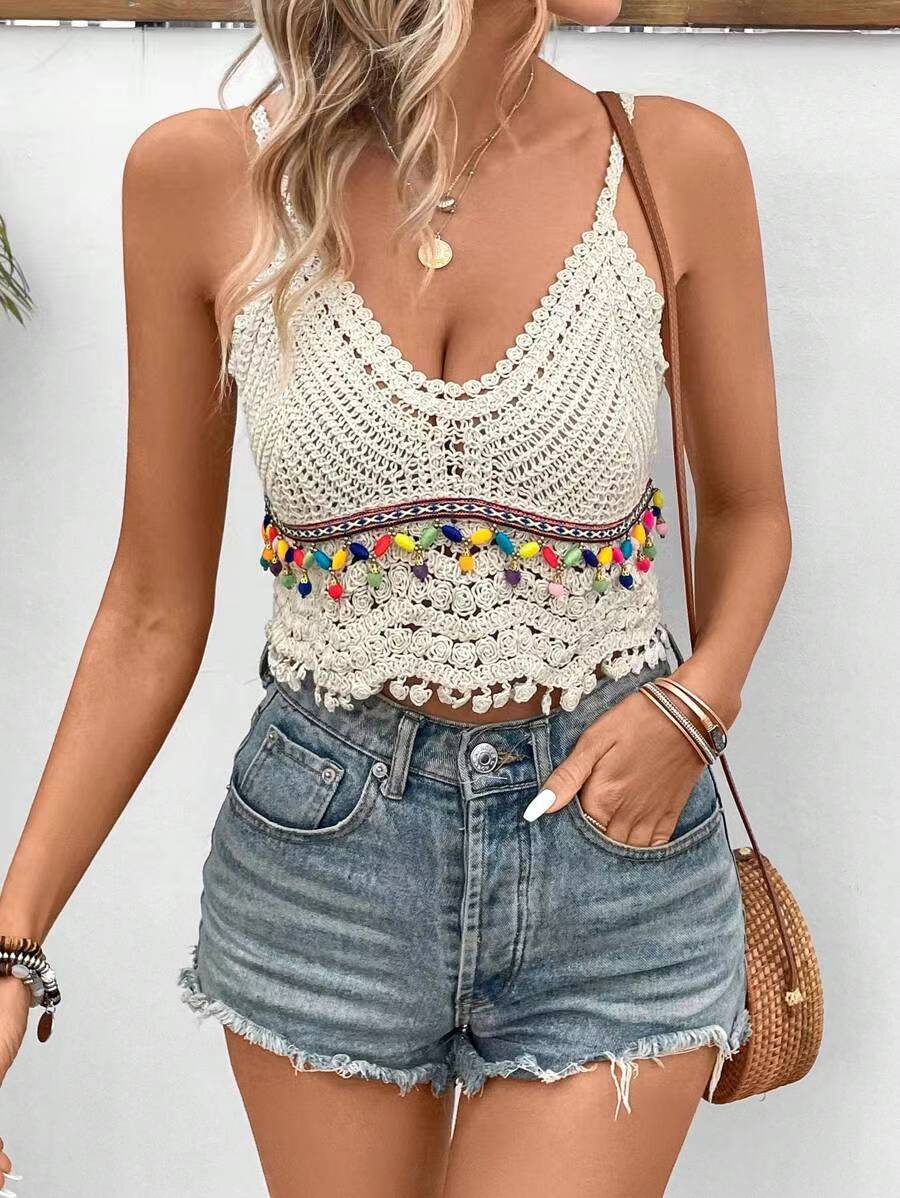 Hand Crocheted Openwork Suspender Top With Tassel Beads Crochet hook Reddy