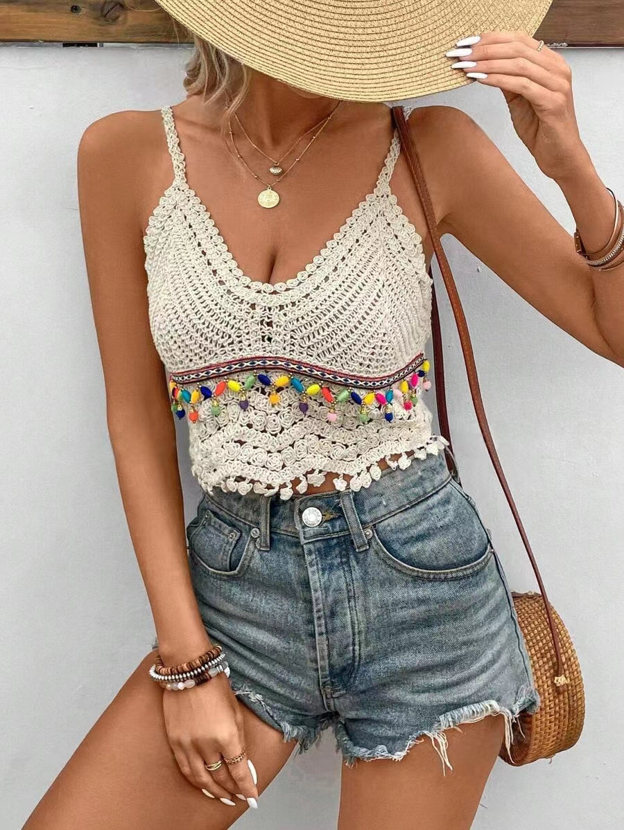 Hand Crocheted Openwork Suspender Top With Tassel Beads Crochet hook Reddy