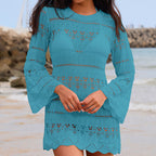 Vacation Sexy Cutout Texture Loose round Neck Flared Sleeves Sunscreen Beach Cover up Crochet hook Tidee