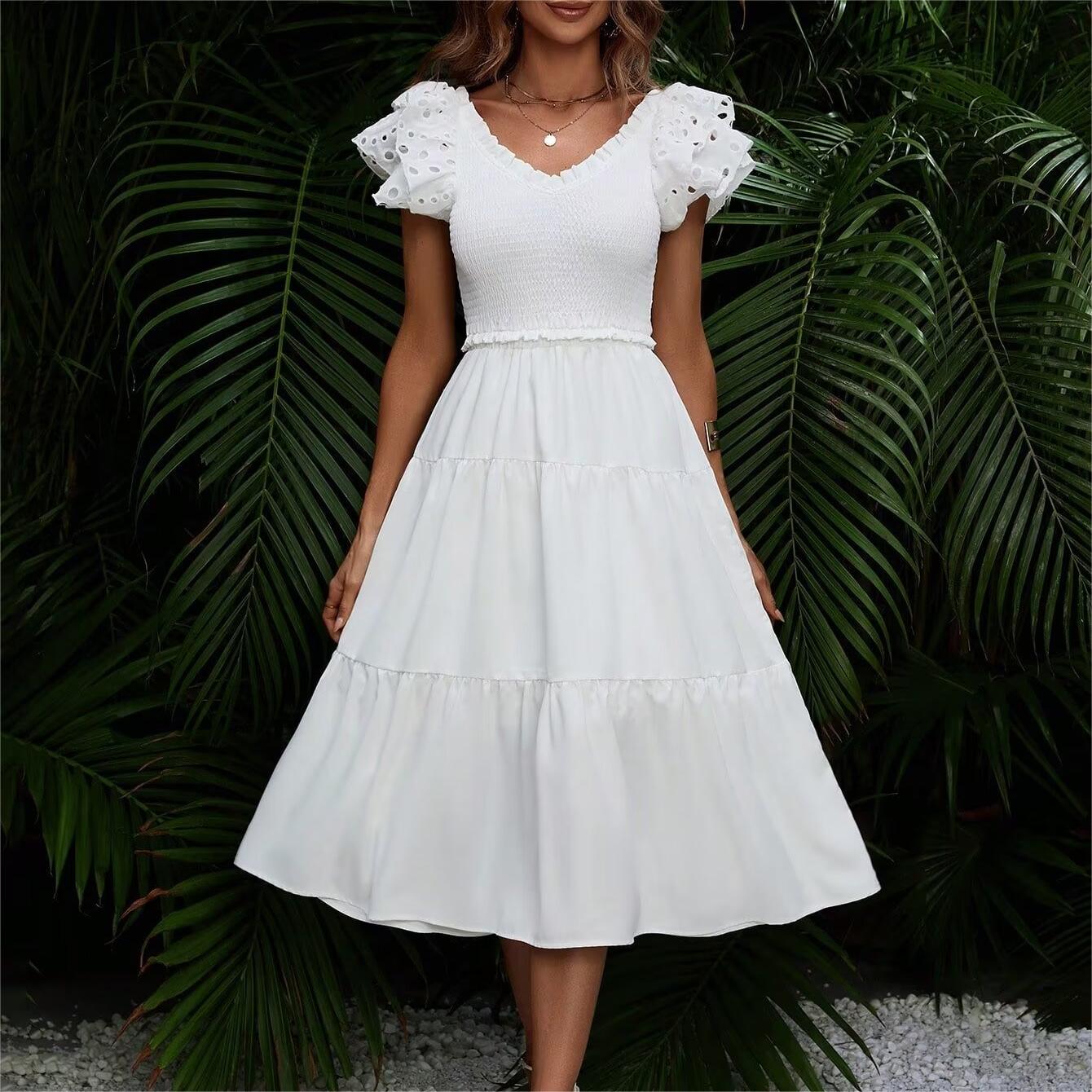 Spring Women Clothing Casual Simple Flying Sleeves Hollow Out Cutout Lace Dress Wennie