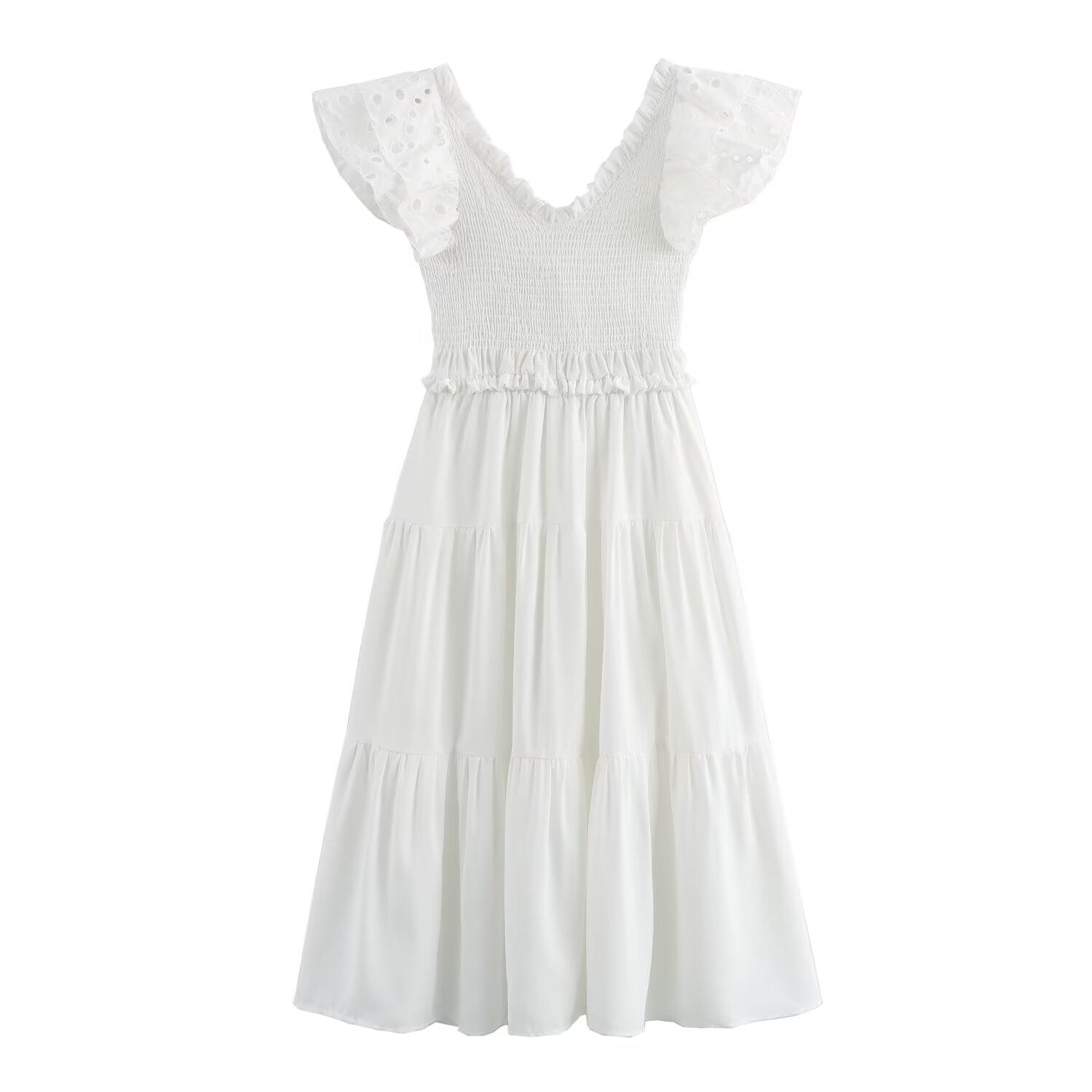 Spring Women Clothing Casual Simple Flying Sleeves Hollow Out Cutout Lace Dress Wennie
