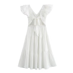 Spring Women Clothing Casual Simple Flying Sleeves Hollow Out Cutout Lace Dress Wennie