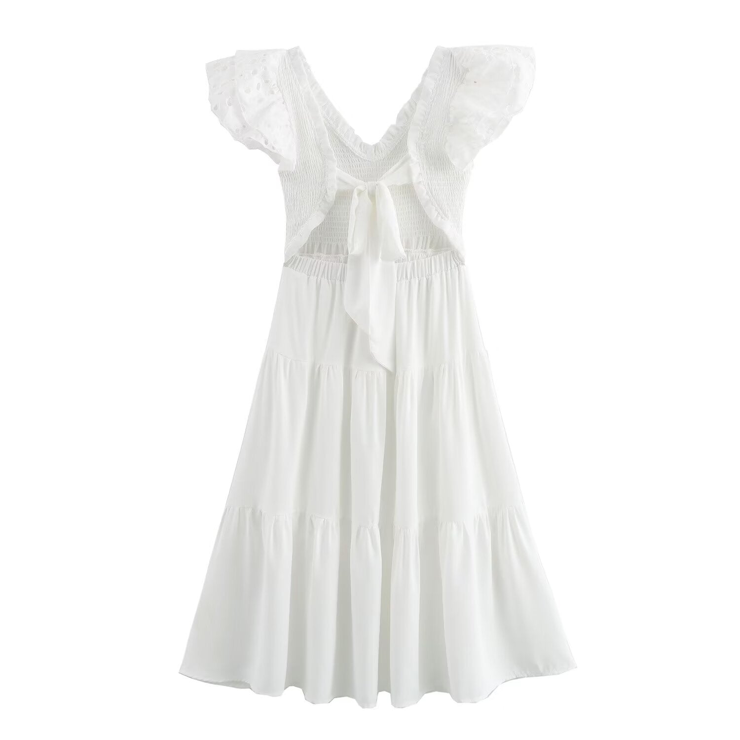 Spring Women Clothing Casual Simple Flying Sleeves Hollow Out Cutout Lace Dress Wennie